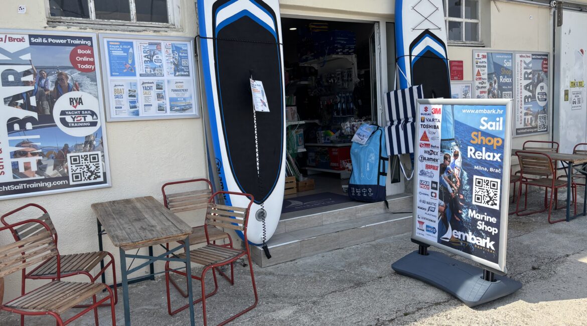 nautical shops on brac island: Exterior view of Embark Nautical marine shop in Milna harbour, Brač island.